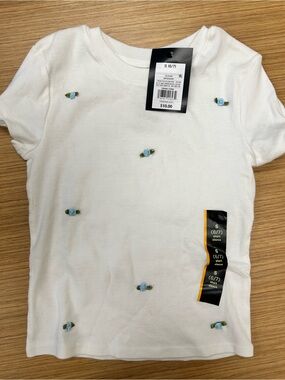 art class White Tee with Tiny Blue Rose Embroidery